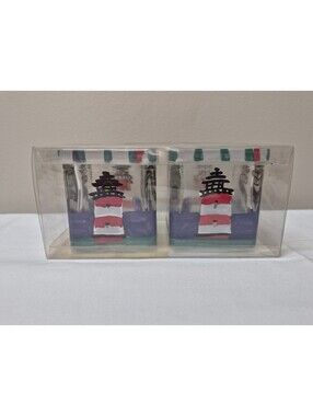 Huntington Set of 2 Lighthouse Hand-Painted Glass Votive Candle Holders J50